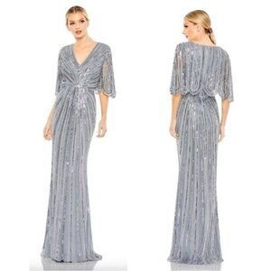 MAC DUGGAL 93583 Sequined V Neck Cape Sleeve Column Gown Slate Blue Size 8 NWT